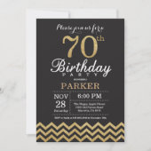 70th Birthday Invitation Black en Gold Glitter Kaart (Voorkant)