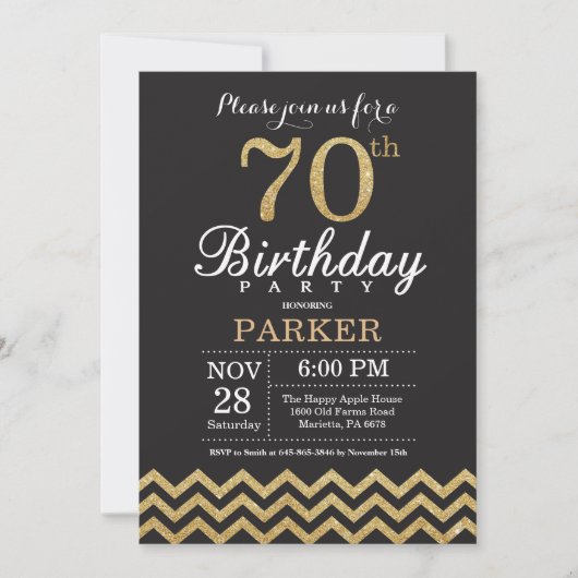 70th Birthday Invitation Black en Gold Glitter Kaart (Voorkant)