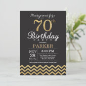 70th Birthday Invitation Black en Gold Glitter Kaart (Staand voorkant)