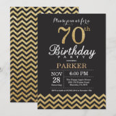 70th Birthday Invitation Black en Gold Glitter Kaart (Voorkant / Achterkant)