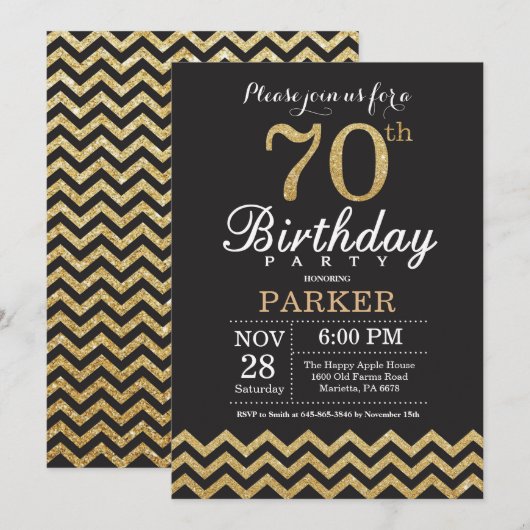 70th Birthday Invitation Black en Gold Glitter Kaart (Voorkant / Achterkant)