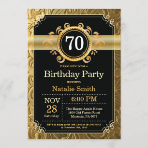70th Birthday Invitation Black en Gold Glitter Kaart
