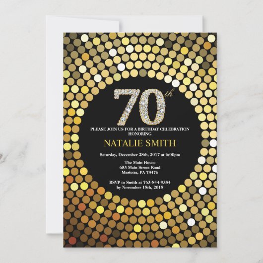 70th Birthday Invitation Black en Gold Glitter Kaart (Voorkant)