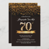 70th Birthday Invitation Black en Gold Glitter Kaart (Voorkant / Achterkant)