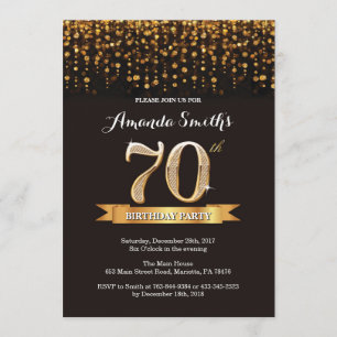 70th Birthday Invitation Black en Gold Glitter Kaart