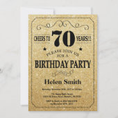 70th Birthday Invitation Black en Gold Glitter Kaart (Voorkant)