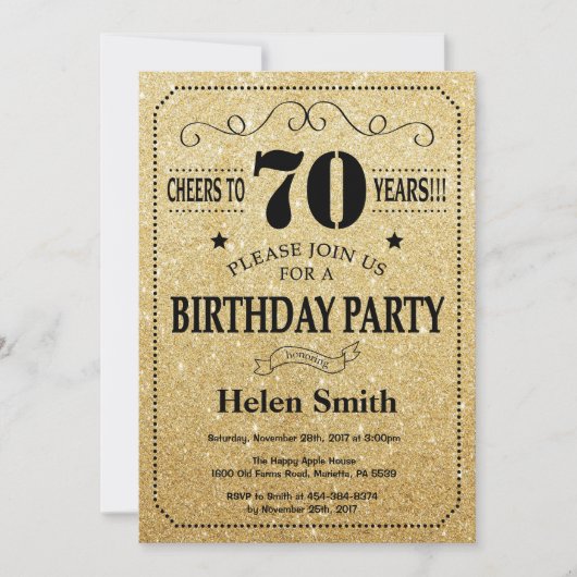 70th Birthday Invitation Black en Gold Glitter Kaart (Voorkant)