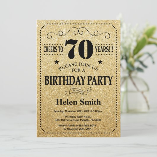 70th Birthday Invitation Black en Gold Glitter Kaart (Staand voorkant)