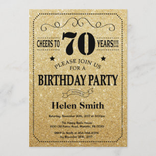 70th Birthday Invitation Black en Gold Glitter Kaart
