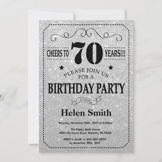70th Birthday Invitation Black en Silver Glitter Kaart (Voorkant)