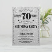 70th Birthday Invitation Black en Silver Glitter Kaart (Staand voorkant)