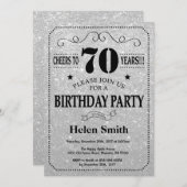 70th Birthday Invitation Black en Silver Glitter Kaart (Voorkant / Achterkant)