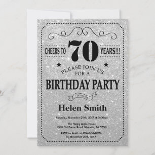 70th Birthday Invitation Black en Silver Glitter Kaart