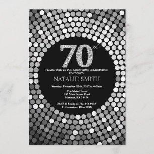 70th Birthday Invitation Black en Silver Glitter Kaart