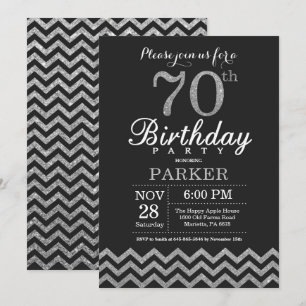 70th Birthday Invitation Black en Silver Glitter Kaart