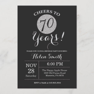 70th Birthday Invitation Black en Silver Glitter Kaart