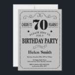 70th Birthday Invitation Black en Silver Grey Kaart<br><div class="desc">70e verjaardag Uitnodiging Black en Silver Grey Typografie. Zwarte en Zilver grijze achtergrond. Volwassen verjaardag. Mannelijke Mannen of vrouwen: Birthday. Kinder jongen of meisje Lady Teen Teenage Bday Invite. 13e 15e 16e 18e 21e 30e 40e 50e 60e 70e 80e 90e 100e. Elke leeftijd. Voor verdere aanpassing, te klikken gelieve de...</div>