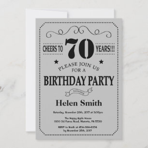 70th Birthday Invitation Black en Silver Grey Kaart