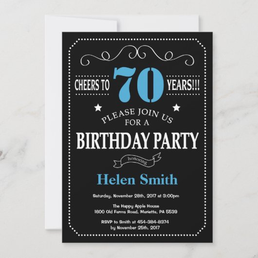 70th Birthday Invitation Blue en Black Chalkboard Kaart (Voorkant)
