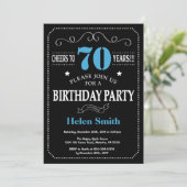 70th Birthday Invitation Blue en Black Chalkboard Kaart (Staand voorkant)