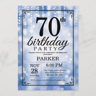 70th Birthday Invitation Blue Glitter Kaart