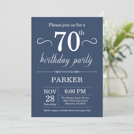 70th Birthday Invitation Blue Kaart (Staand voorkant)