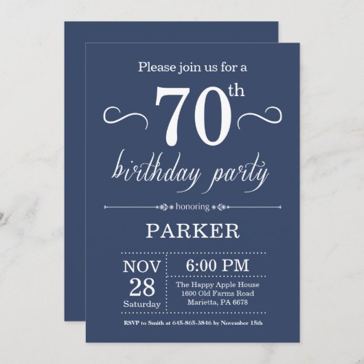 70th Birthday Invitation Blue Kaart (Voorkant / Achterkant)