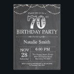 70th Birthday Invitation Chalkboard String Lights Kaart<br><div class="desc">70e verjaardag Uitnodiging met zwarte en witte achtergrond van alkboard. Koord lichten. Volwassen verjaardag. Mannelijke Mannen of vrouwen: Birthday. Voor verdere aanpassing,  te klikken gelieve de knoop "van de Aanpassing het"en ons ontwerphulpmiddel te gebruiken om deze sjabloon te wijzigen.</div>