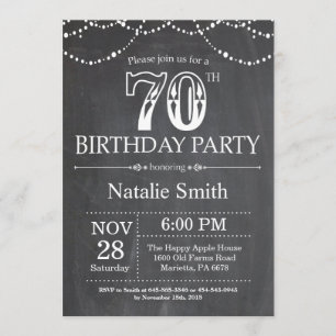 70th Birthday Invitation Chalkboard String Lights Kaart
