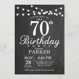 70th Birthday Invitation Chalkboard String Lights Kaart