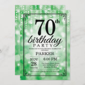 70th Birthday Invitation Green Glitter Kaart (Voorkant / Achterkant)