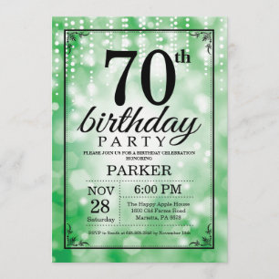 70th Birthday Invitation Green Glitter Kaart