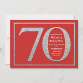 70th Birthday Invitation Red en Silver Glitter Kaart (Voorkant)