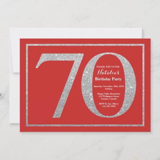 70th Birthday Invitation Red en Silver Glitter Kaart (Voorkant)