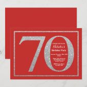 70th Birthday Invitation Red en Silver Glitter Kaart (Voorkant / Achterkant)