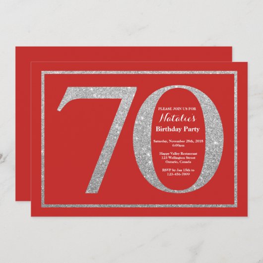 70th Birthday Invitation Red en Silver Glitter Kaart (Voorkant / Achterkant)