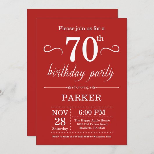 70th Birthday Invitation Red Kaart (Voorkant / Achterkant)