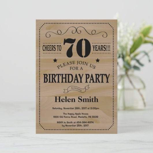 70th Birthday Invitation Rustic Wood Kaart (Staand voorkant)