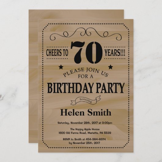 70th Birthday Invitation Rustic Wood Kaart (Voorkant / Achterkant)