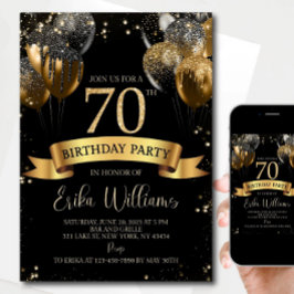 70th Birthday Invitation Template: Black & Gold Ba Kaart