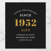 70th Birthday Name 1952 Black Gold Elegant Chic Wijn Etiket (Enkel label)