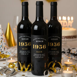 70th Birthday Name 1956 Black Gold Elegant Chic Wijn Etiket