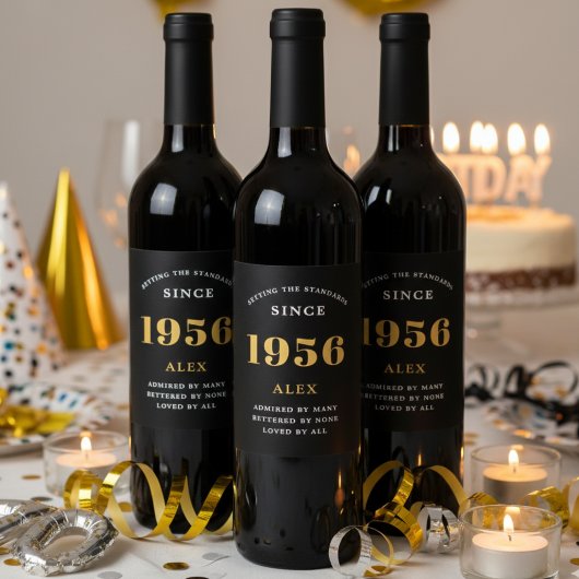 70th Birthday Name 1956 Black Gold Elegant Chic Wijn Etiket