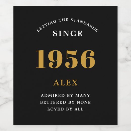 70th Birthday Name 1956 Black Gold Elegant Chic Wijn Etiket (Enkel label)