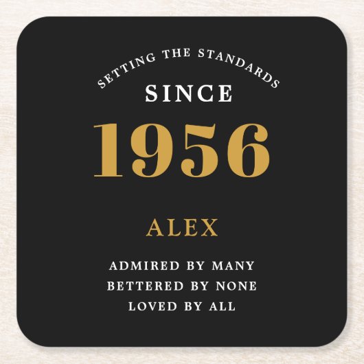 70th Birthday Name 1956 Year Black Gold Custom Kartonnen Onderzetters (Voorkant)