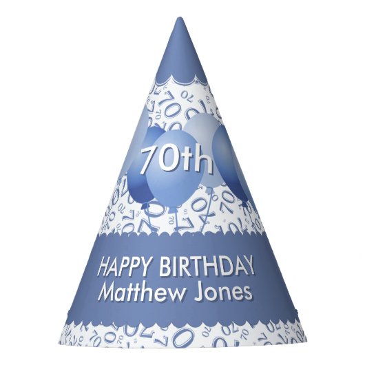 70th Birthday Number Pattern Blue/White Scallops Feesthoedjes (Voorkant)