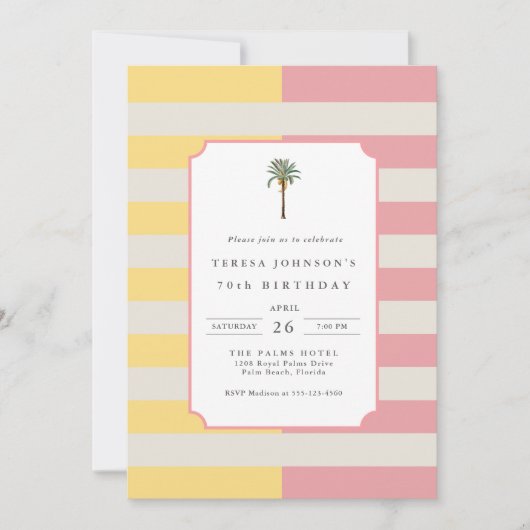 70th Birthday Palm Beach Pastel Stripe Tropical Kaart (Voorkant)