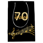 70th Birthday party black gold muzieknoten name Medium Cadeauzakje (Voorkant)