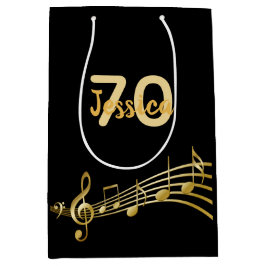 70th Birthday party black gold muzieknoten name Medium Cadeauzakje