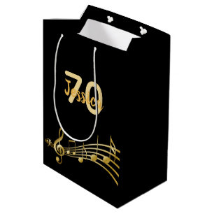 70th Birthday party black gold muzieknoten name Medium Cadeauzakje